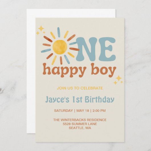 Invitation Un Garçon Heureux, 1er Tour Autour Du Soleil (Devant / Derrière)