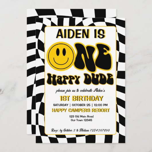 Invitation Un gars heureux rétro checkers 1ère fête d'anniver (Devant / Derrière)