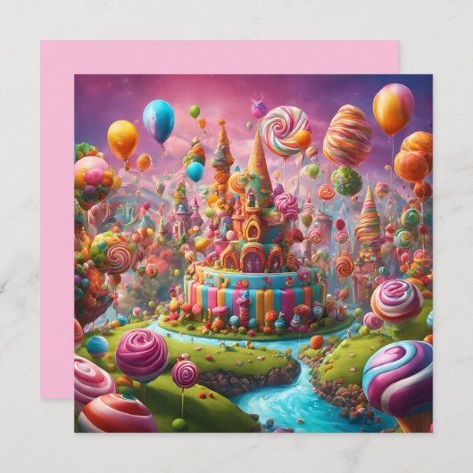 Invitation Un gâteau d'anniversaire de Candyland (Devant / Derrière)
