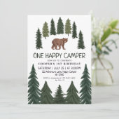 Invitation Un heureux Camper Bear Woodland 1er anniversaire (Debout devant)