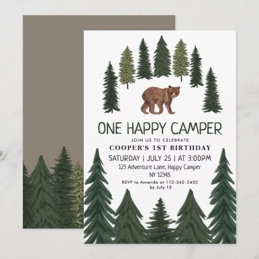 Invitation Un heureux Camper Bear Woodland 1er anniversaire (Devant / Derrière)