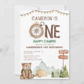 Invitation Un heureux Camper Bear Woodland 1er anniversaire (Devant)