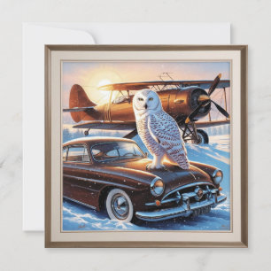 Invitation Un hibou des neiges, un avion et une voiture d'épo