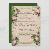 Invitation Un jardin victorien vert avec Mariage rose roses (Devant / Derrière)