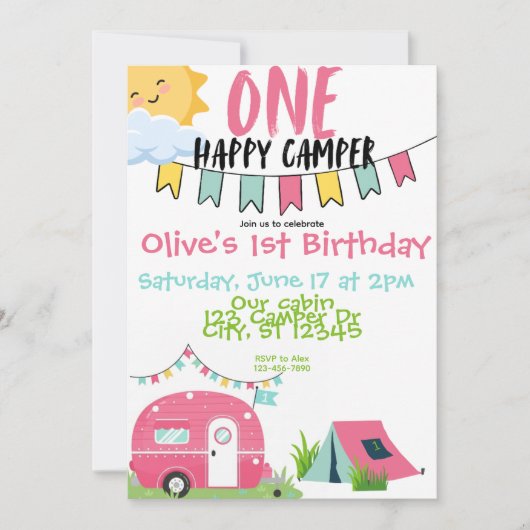 Invitation Un joli anniversaire de fille de camper (Devant)