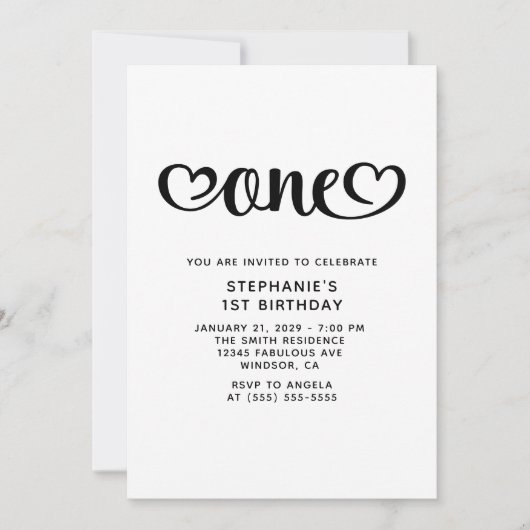 Invitation Un joli script Cœurs pour 1er anniversaire (Devant)