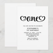 Invitation Un joli script Cœurs pour 1er anniversaire (Devant / Derrière)
