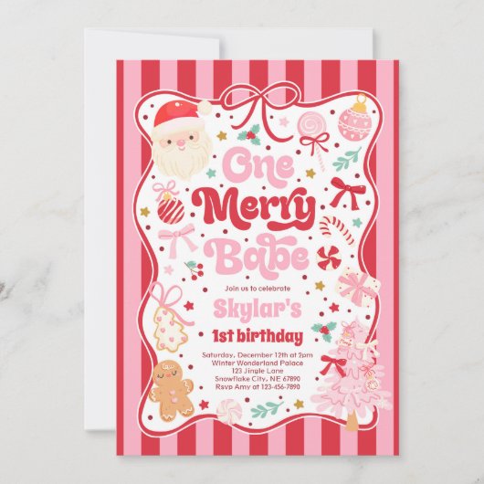 Invitation Un joyeux bébé Noël Coquette Bow 1er anniversaire (Devant)
