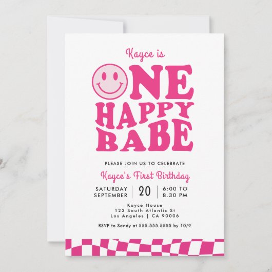 Invitation Un joyeux bébé rose sourire visage fille 1er anniv (Devant)