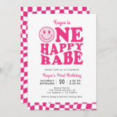 Invitation Un joyeux bébé rose sourire visage fille 1er anniv (Devant / Derrière)