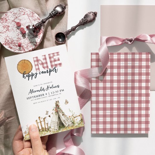 Invitation Un Joyeux Camper Boho rose 1er anniversaire