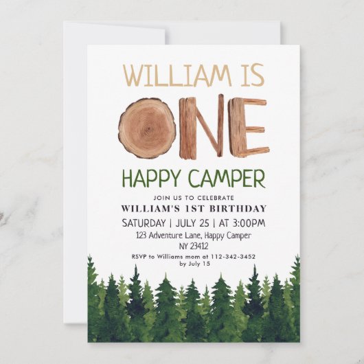Invitation Un Joyeux Camper Bois Garçons 1er anniversaire (Devant)