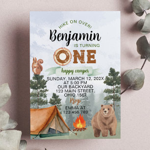 Invitation Un joyeux Camper Bois Ours 1er anniversaire