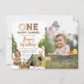 Invitation Un Joyeux Camper Bois Ours Photo Bois 1er Annivers (Devant)