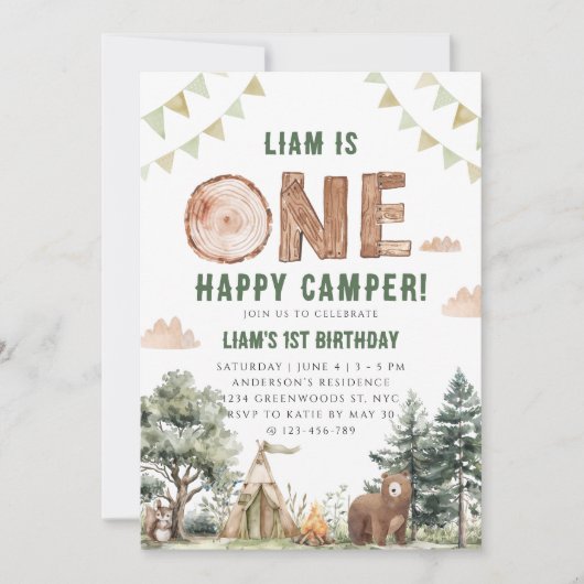 Invitation Un Joyeux Camper Camping Garçon 1er Anniversaire (Devant)