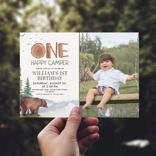 Invitation Un Joyeux Camper Photo Bear Boys 1er anniversaire