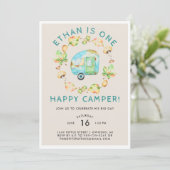 Invitation Un Joyeux Camper Première fête d'anniversaire (Debout devant)