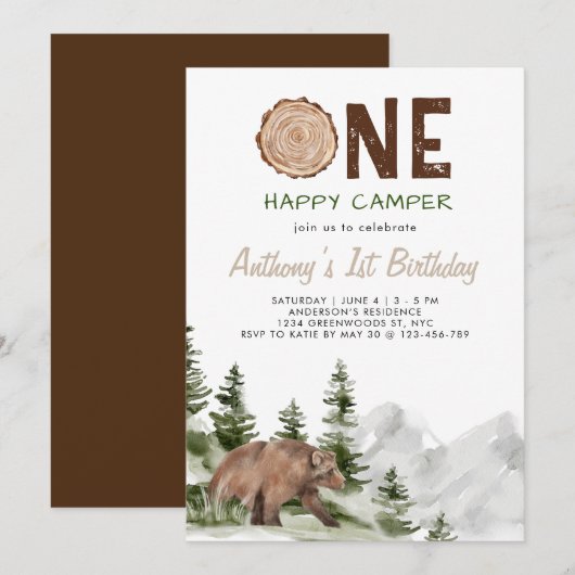 Invitation Un Joyeux Camper Watercolor Bear 1er Birthday Boy (Devant / Derrière)