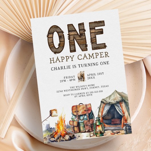 Invitation Un Joyeux Camper Woodland Camping 1er anniversaire