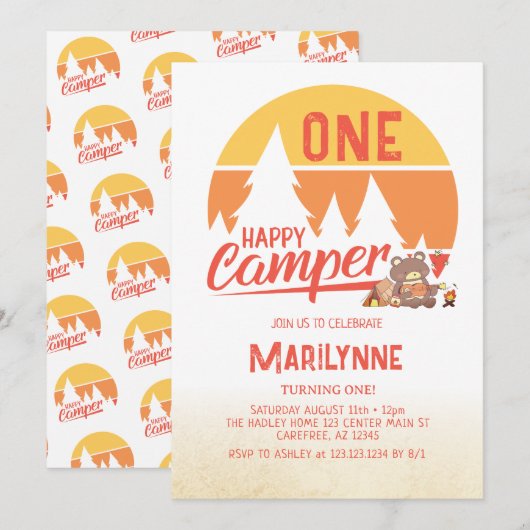 Invitation Un joyeux campeur rétro 1er anniversaire (Devant / Derrière)