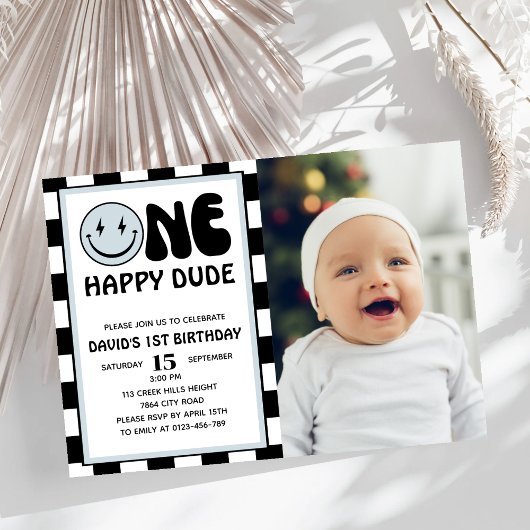 Invitation Un joyeux Dude Blue Happy Face Boy Photo Anniversa
