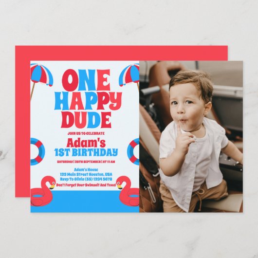 Invitation Un joyeux Dude Tropical été 1er anniversaire (Devant / Derrière)