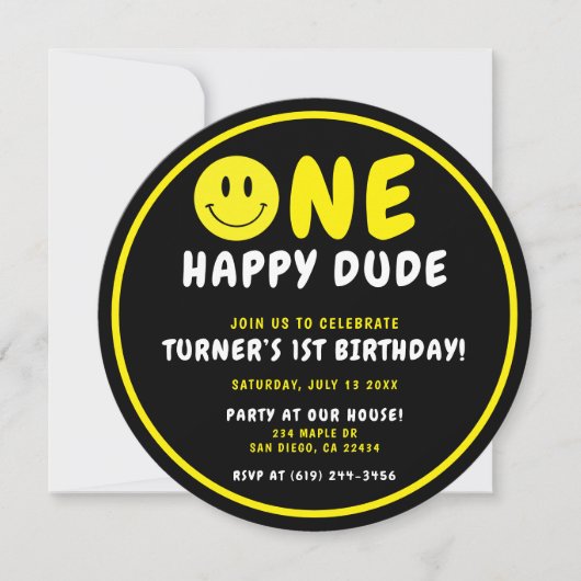 Invitation Un joyeux Mec 1er anniversaire Noir/Jaune Smiley (Devant)