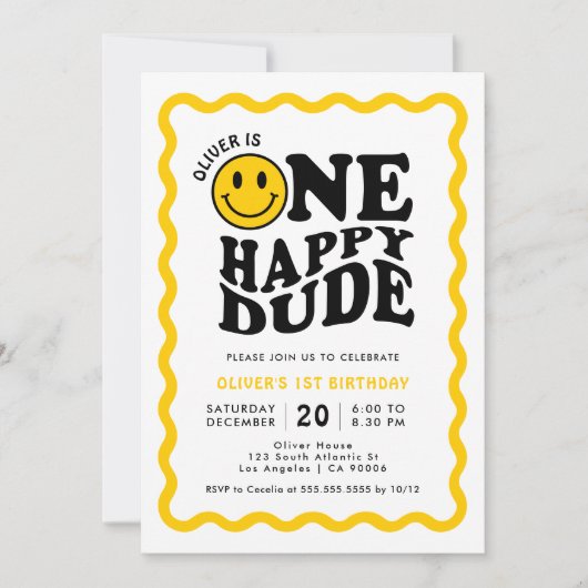 Invitation Un joyeux mec Jaune joyeux visage garçon 1er anniv (Devant)