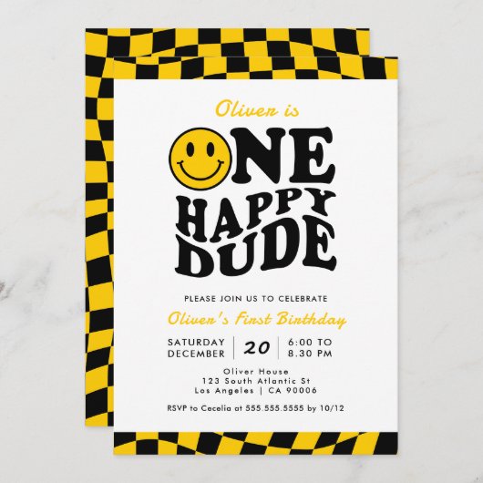 Invitation Un joyeux Mec Jaune Wavy Smile Face 1er anniversai (Devant / Derrière)