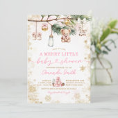 Invitation Un joyeux petit Baby shower rose de Noël or (Debout devant)