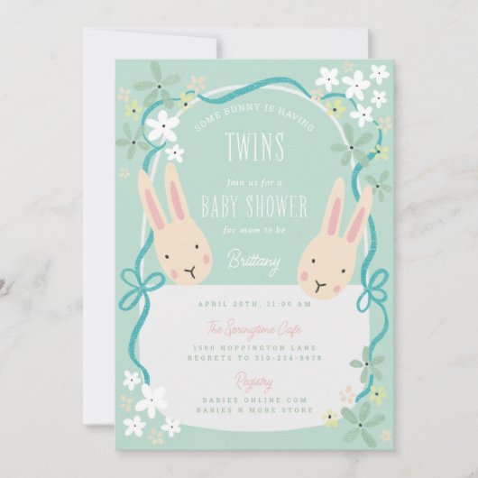 Invitation Un lapin a un Baby shower jumeau (Devant)