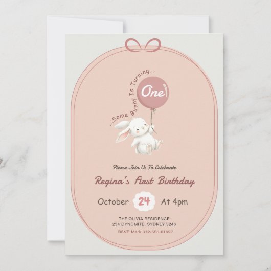 Invitation Un lapin avec un nœud rose pour son 1er anniversai (Devant)