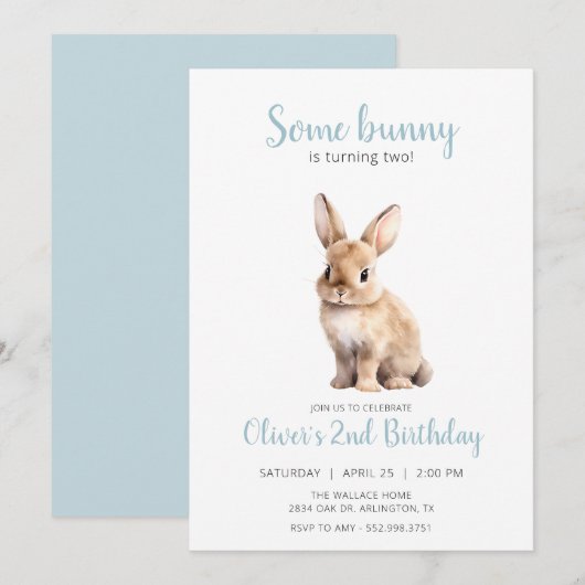 Invitation Un lapin bleu anniversaire de enfant party Invitat (Devant / Derrière)