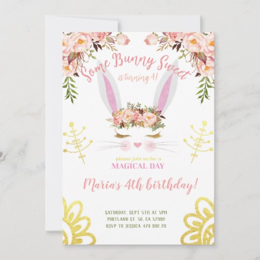 Invitation Un lapin de lapin doux or Floral face Anniversaire (Devant)