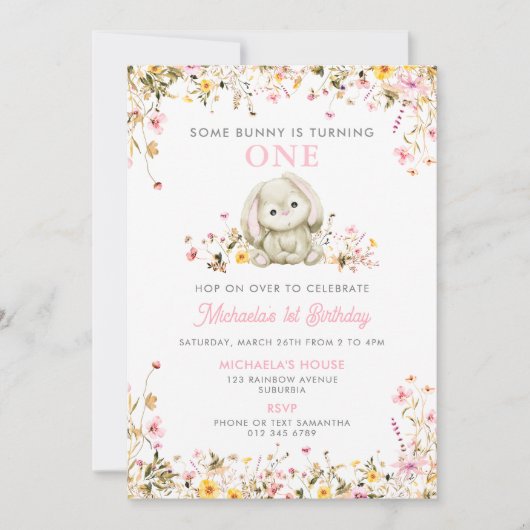 Invitation Un lapin devient le 1er anniversaire d'une fille r (Devant)