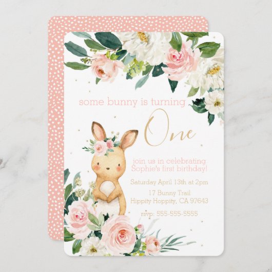 Invitation Un lapin devient un premier anniversaire pour une  (Devant / Derrière)