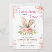 Invitation Un lapin en tourne un ! 1er anniversaire fille ros (Devant)