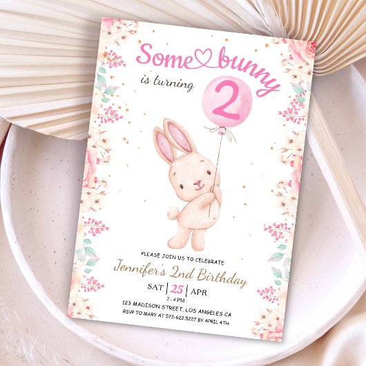 Invitation Un lapin est deux ! Balloon rose fille 2e annivers