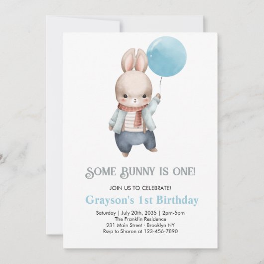 Invitation Un lapin est un lapin bleu 1er anniversaire (Devant)