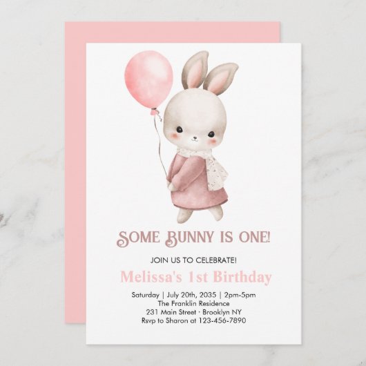Invitation Un lapin est un lapin rose 1er anniversaire (Devant / Derrière)