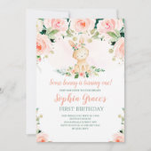 Invitation Un lapin est un Rose rose Floral 1er anniversaire (Devant)