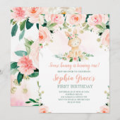 Invitation Un lapin est un Rose rose Floral 1er anniversaire (Devant / Derrière)