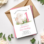 Invitation Un lapin est une fille rose 1er anniversaire