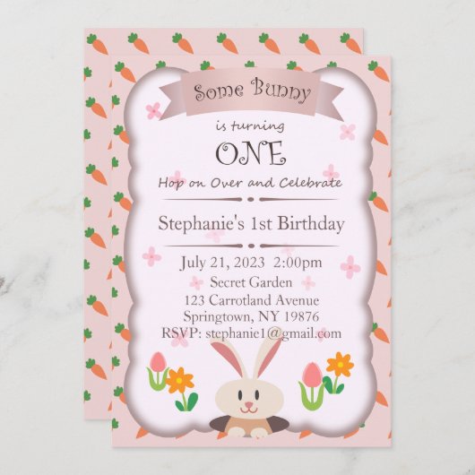 Invitation Un lapin est une invitation, 1er anniversaire (Devant / Derrière)