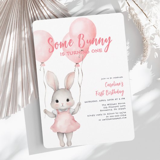 Invitation Un lapin rose fille premier anniversaire