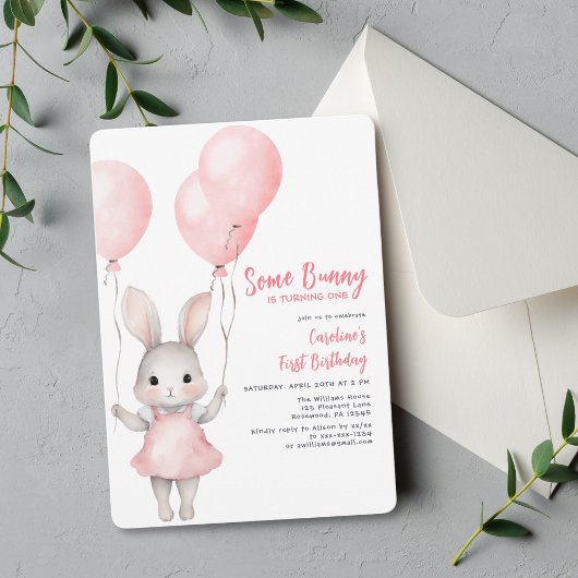 Invitation Un lapin rose fille premier anniversaire