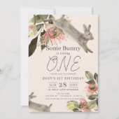 Invitation Un lapin rose floral fille 1er anniversaire (Devant)