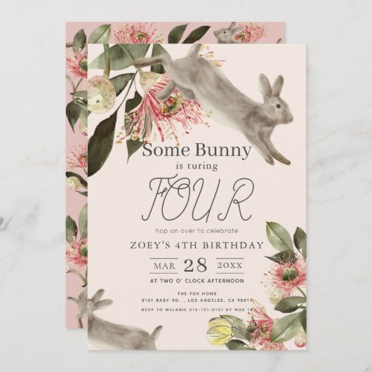 Invitation Un lapin rose floral fille Anniversaire (Devant / Derrière)