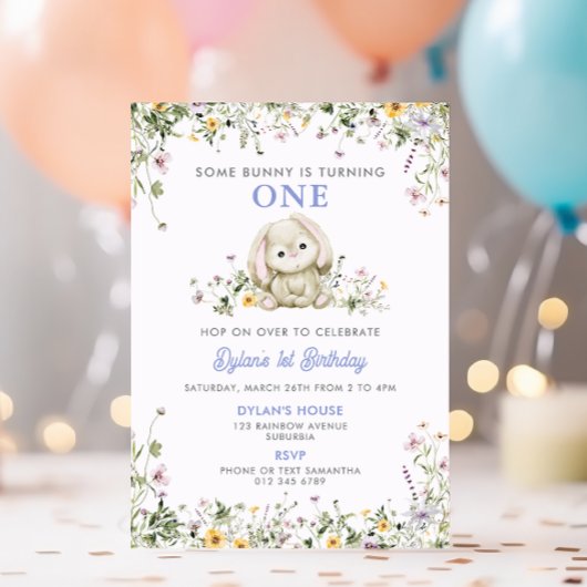 Invitation Un Lapin Tourne Un Garçon Violet 1Er Anniversaire