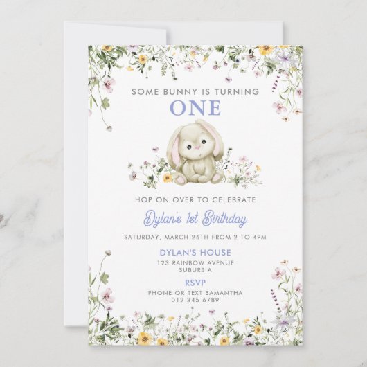 Invitation Un Lapin Tourne Un Garçon Violet 1Er Anniversaire (Devant)